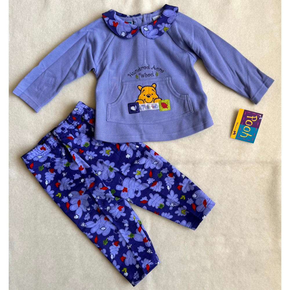Vintage 90s Disney Pooh Pants Set Girls Size 18M Blue Floral Hundred Acre Wood